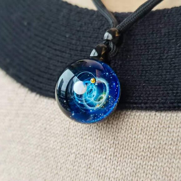 Planet Celestial Jewelry; Glass Galaxy Pendant/Bracelet made with Gold and Opal - Picture 3 of 7